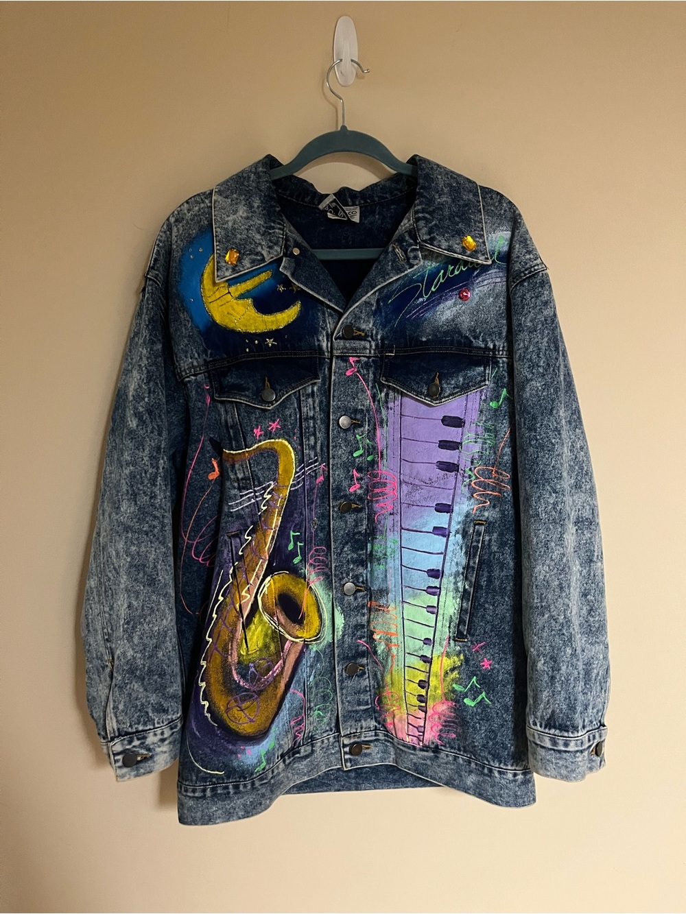 Vintage Hand-Painted Acid Wash Denim Jacket with Neon Piano & Sax Art - Picture 2 of 13